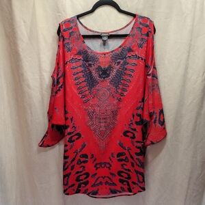 Evans Red and Blue Boho Hippy Patterned Top